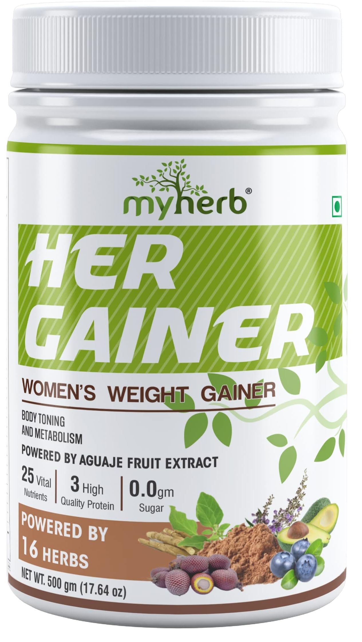 MYHERB Women’s Weight Gainer,Her Gainer With 16 Herbs & Aguaje Fruit,3 High Qaulity Protien,For Weight & Mass Gainer And Muscle Growth For Women Kashmiri Strawberry - 500Gm