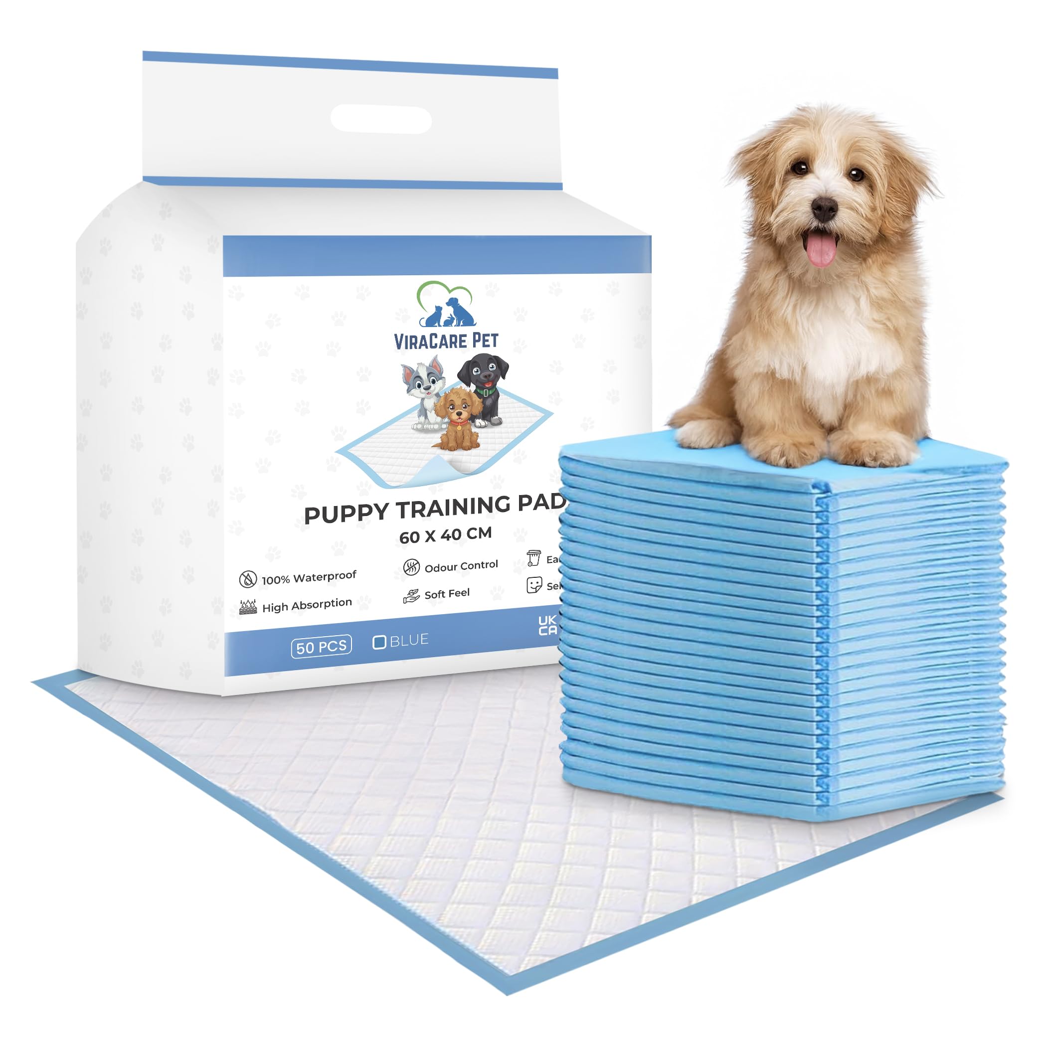 150 x Puppy Training Pads 60x40 cm | Dog Training Pads | Dog Pee Pad | Easy Disposal & Self Adhesive Tabs | Quick Dry Puppy Pad | (3 Packs of 50)