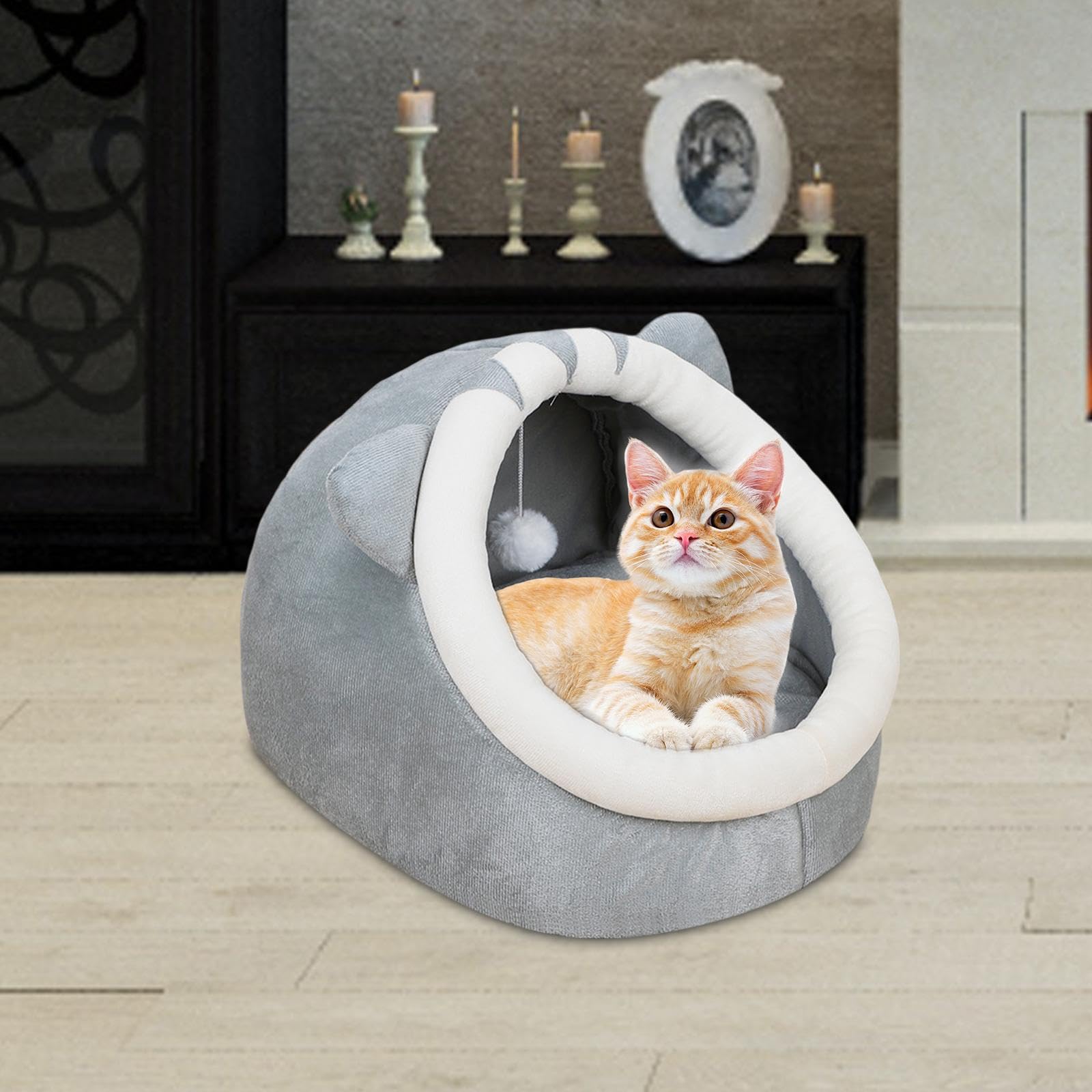 Cama Cueva Para Gatos - Suave, Acogedora, Con Orejas Y Juguetes Colgantes, Tamaño 38x37x35 Cm, Color Gris