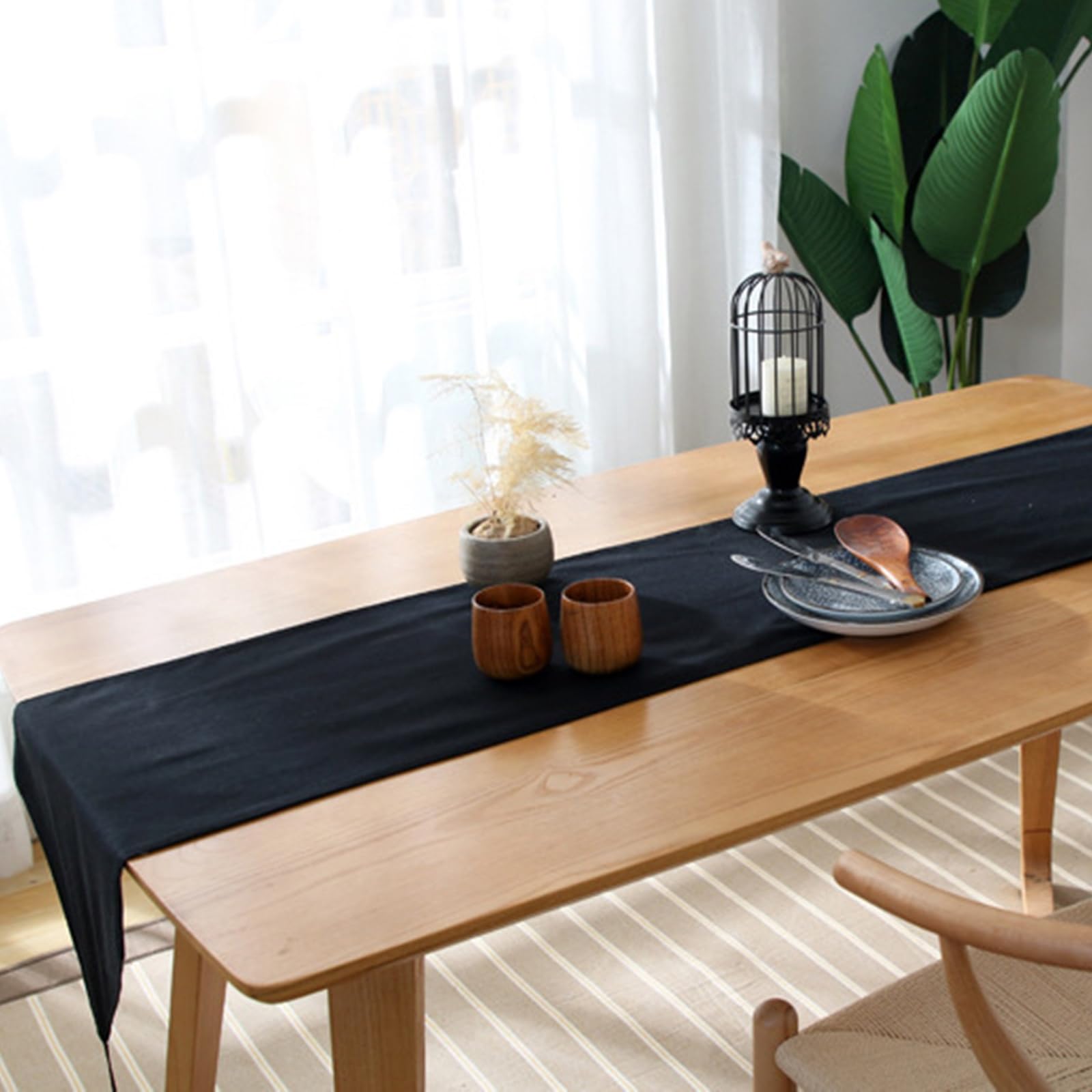 Tischläufer Polyester Landhausstil, Tischläufer Wohnzimmer 33x200 cm, Schwarzer Leinenoptik mit Quasten