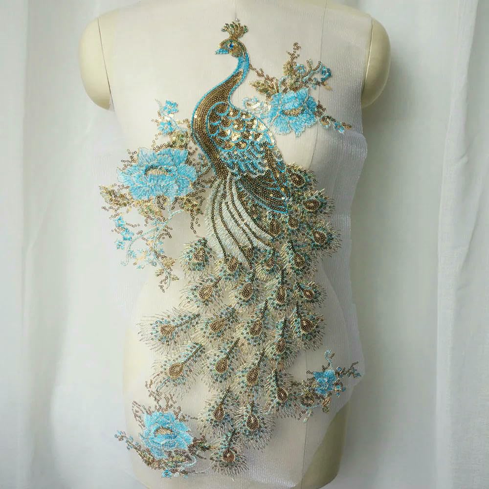 Guozhan Sky Blue Sequin Embroidery Lace Peacock Applique Lace Fabric Trimming Sewing Patch Wedding Gown Dress Diy Crafts