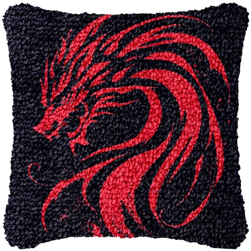 Simple Red Dragon Silhouette Latch Hook Pillow Kits DIY Pillowcase Cushtion Cover Crochet Hooking Pillow Making Kits Color Pattern Canvas Hooking Kits