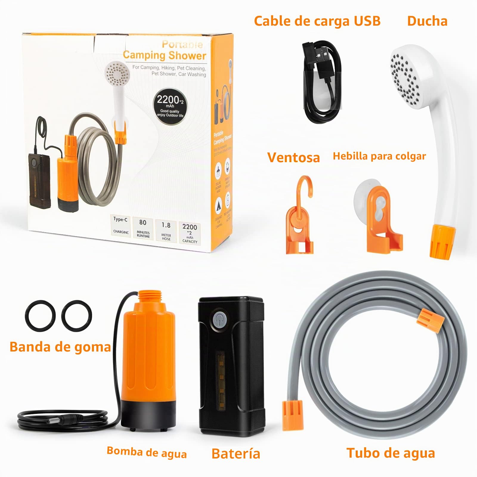 Ducha de Campamento portátil con luz led, Dos baterías, Cargador USB, Bomba de Ducha eléctrica, Ligera y fácil de Llevar, Adecuada para Senderismo/Camping, Playa, Mascotas, al Aire Libre