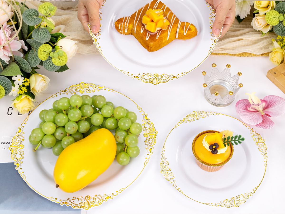 Wedding Plates & Silverware Set - 125PCS Gold & White -9