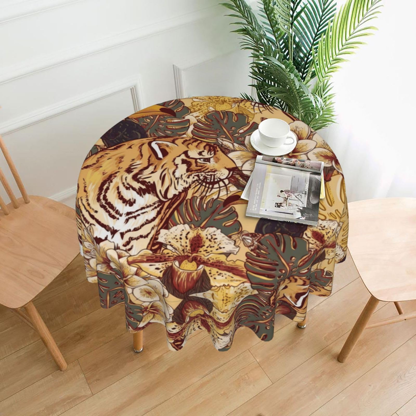 HLSBSSL tropical tiger Printed round decorative tablecloth, 60 inches, suitable for various tables in the living room, dining room, coffee table, etc.