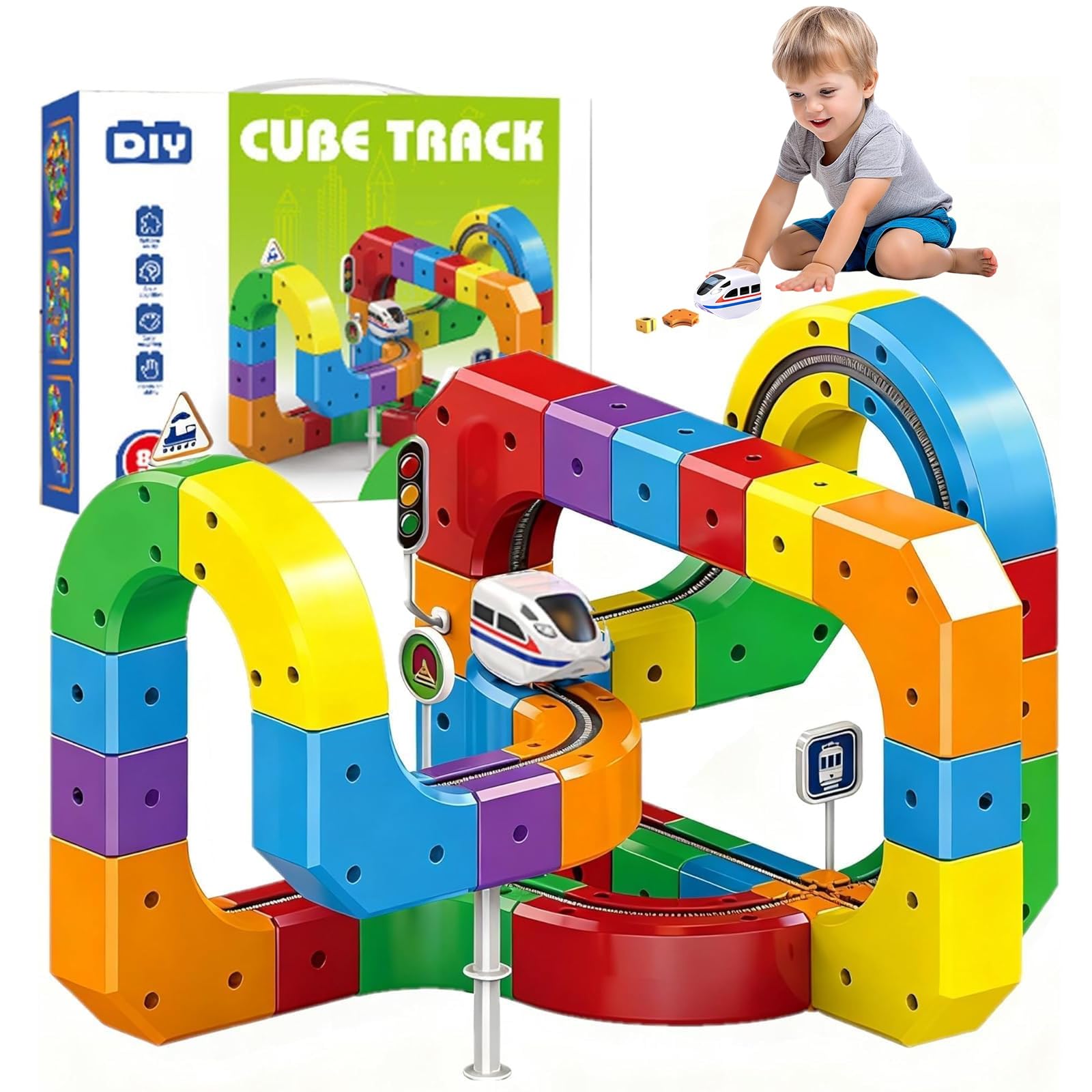 xinrongda Set da 81 pezzi Clickrail Electric Train Set di circuiti flessibili, fai da te a cubo con layout 3D di gravità, ferrovia magnetica & Magic Rail Block, regalo giocattolo per bambini