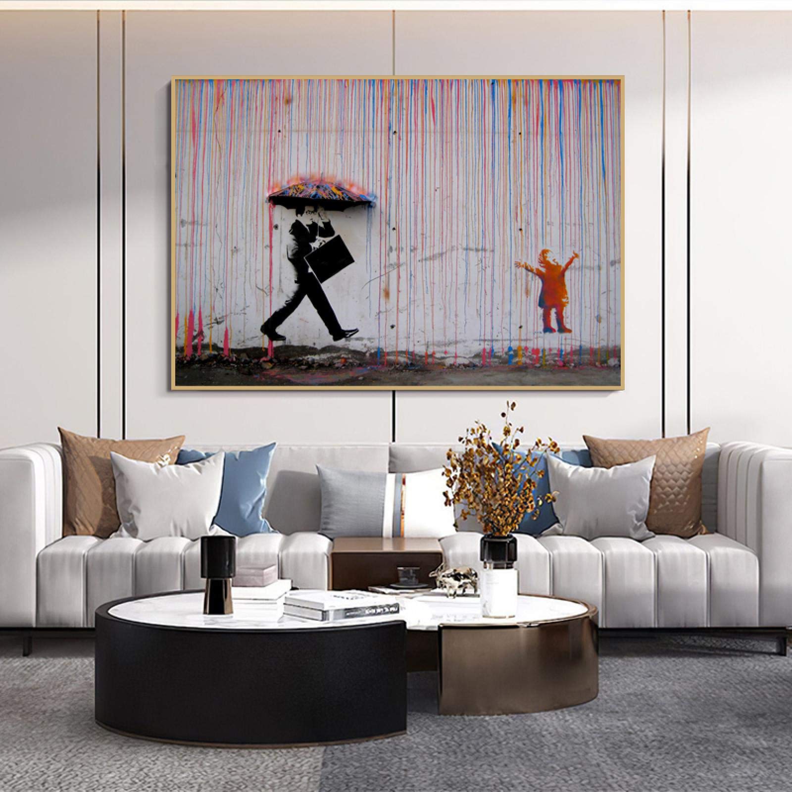Amazon.co.jp: カラフルな雨アートキャンバス絵画バンクシーストリート