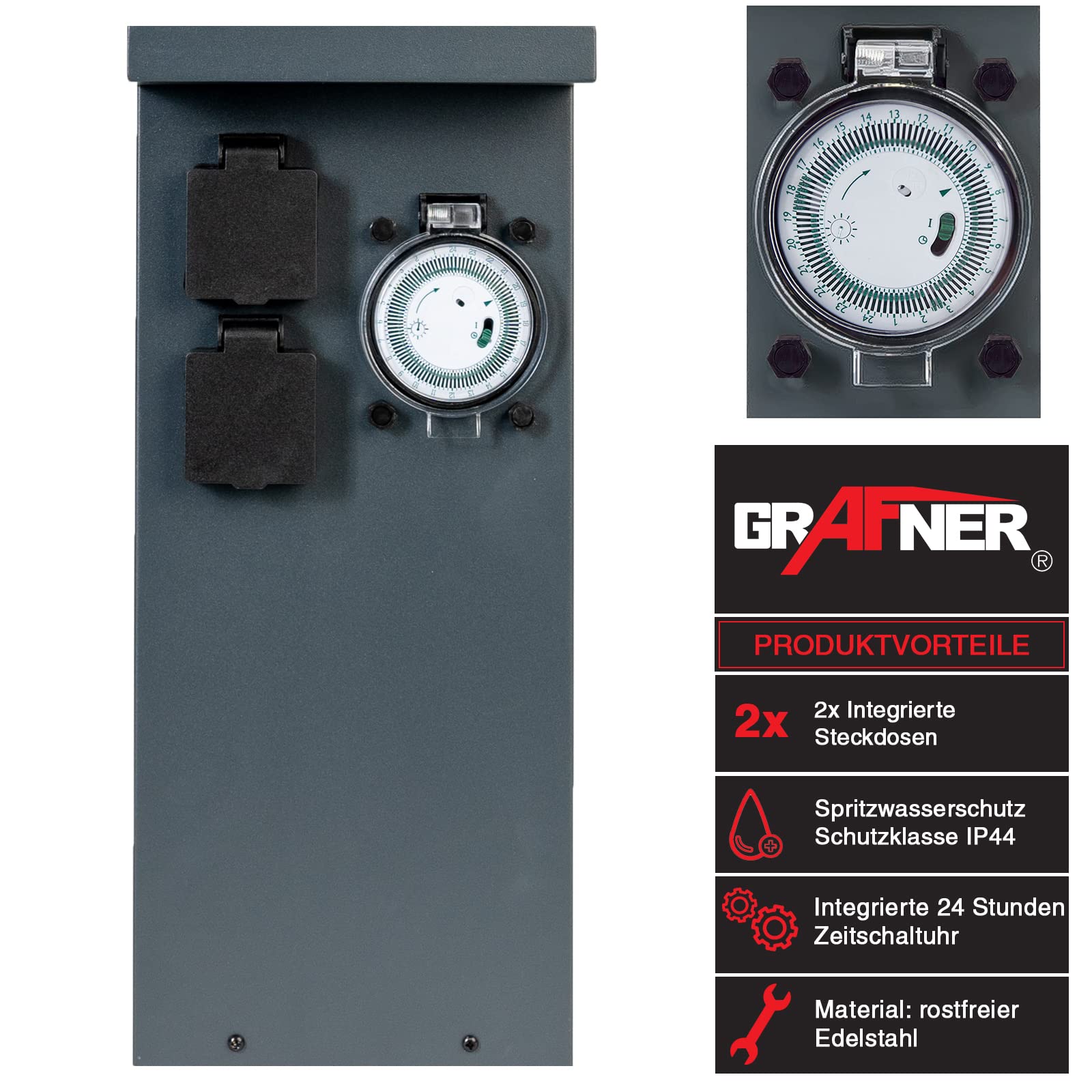 Grafner Edelstahl Design Gartensteckdose mit Zeitschaltuhr 2 Steckdosen, anthrazit, ON/Auto, 3600 Watt, Pulverbeschichtung, Energiesäule Timer Mehrfach Metall Außen Steckdose 2-Fach schwarz lackiert