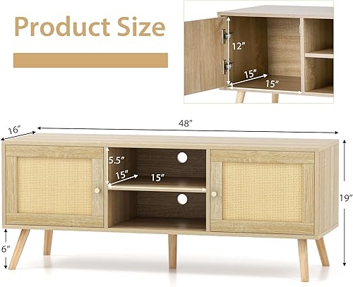 Miniatura 5 de Tangkula Soporte de TV bohemio para televisores de hasta 55 pulgadas, mesa de consola de ratán PE con 2 gabinetes y estantes abiertos, 5 patas de