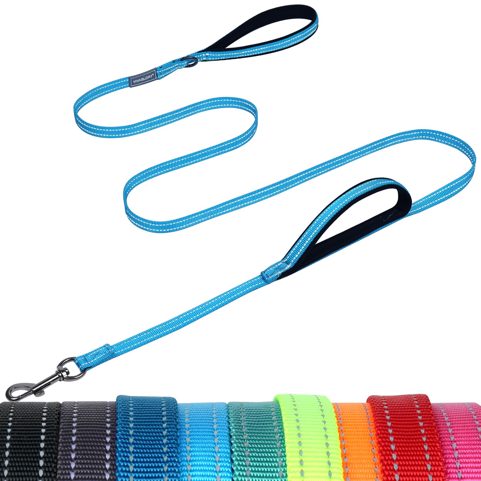 VIVAGLORY Correas para Perro con Asa de Tráfico, Correa Fuerte para Perro con Dos Asas Blandas Acolchadas, Correa de Entrenamiento con Reflectante y Gancho de Metal, Azul Lago