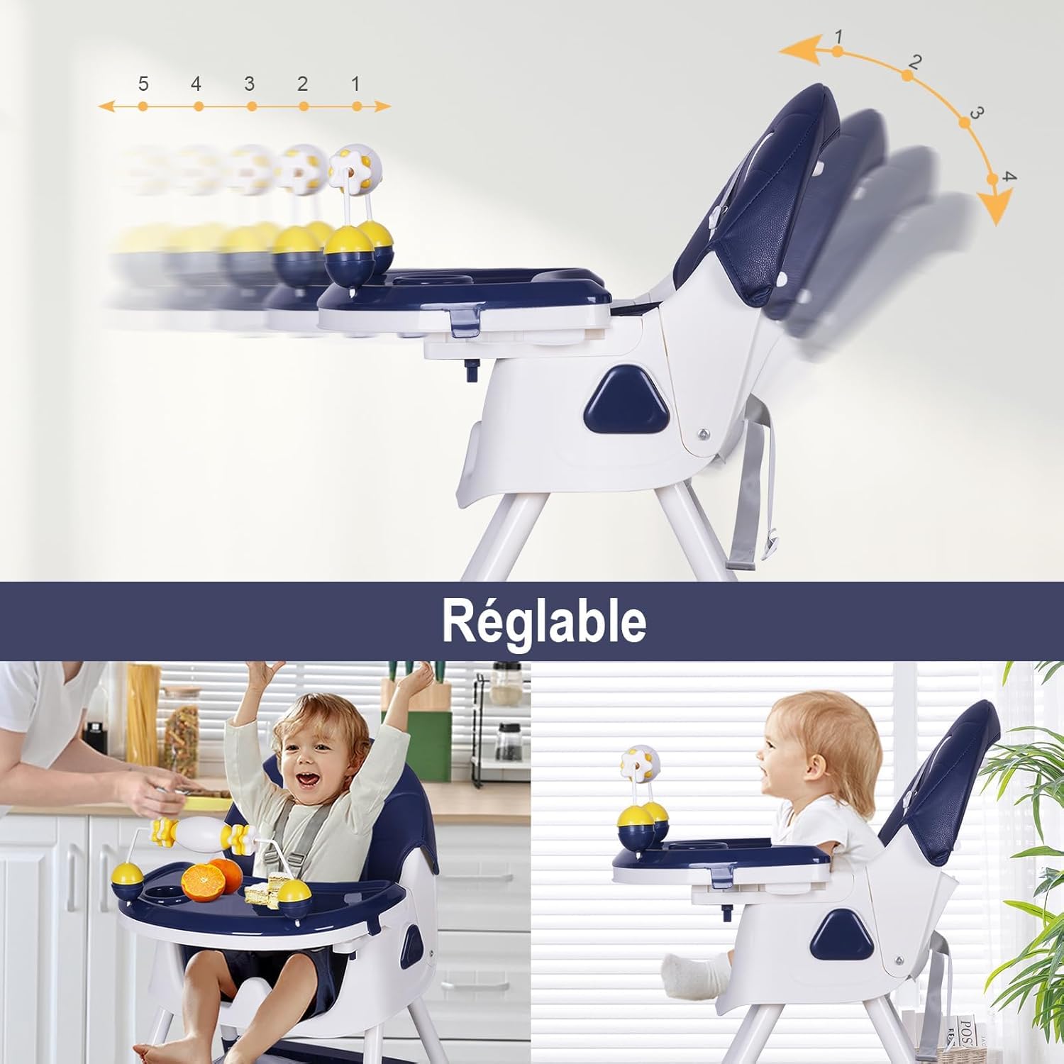 Chaise Haute Bébé 2 en 1, Fauteuil Enfant, Chaise Enfant, Réglable, Avec Plateau, Solide, Design Universel, Facilement lavable, pour 6 mois à 6 ans Repas Bébé 20kg (Bleu foncé)