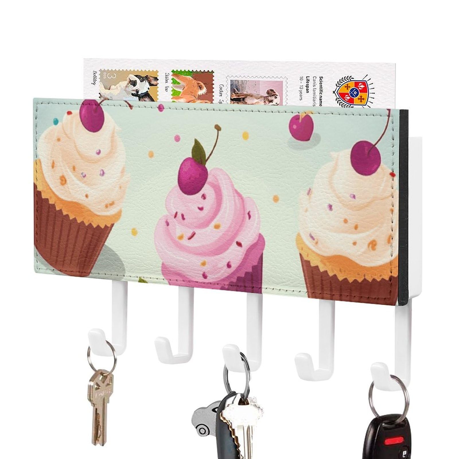 JTREHY Delicious Cupcakes Holder Wall-Mounted Key and Mail Holder,Key Rack with 5Keys Hooks, Easy to Install Mail Organizer for Entryway, Front Door, Hallway, Office