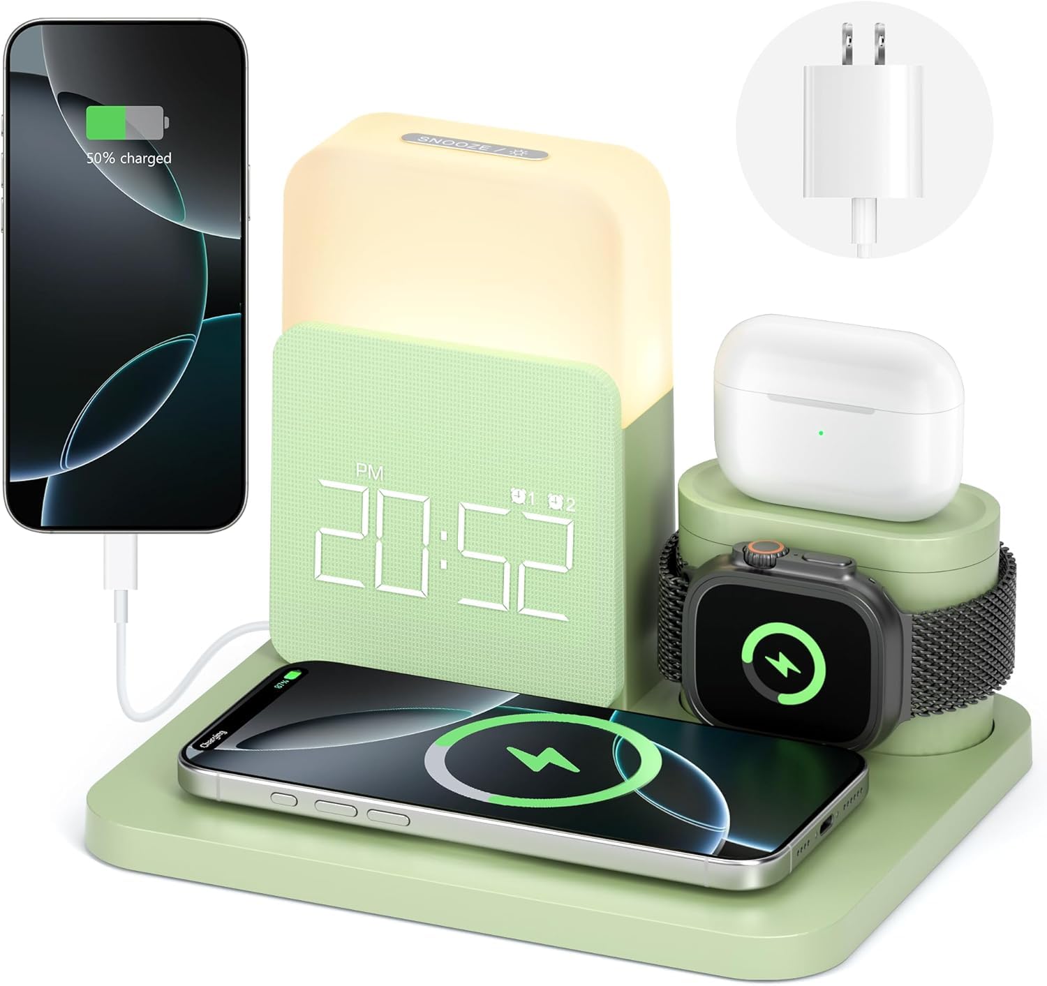 7 in 1 Charging Station for iPhone, Wireless Charging Station, Alarm Clock, Night Light, Wireless Charger for iPhone 17 16 15 14 13 12 Pro Max & Apple Watch - C
