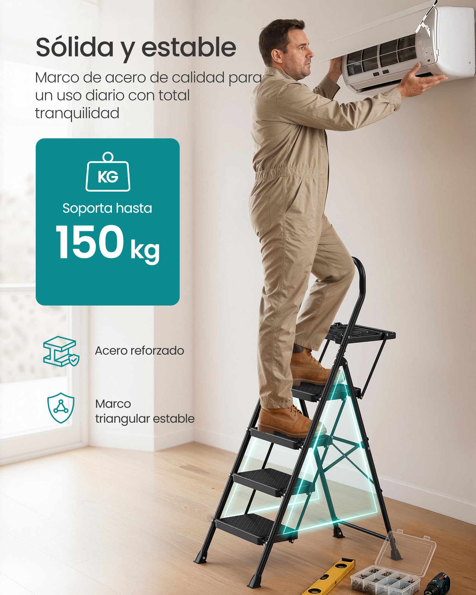 SONGMICS Escalera de Acero, Escalera Plegable de 4 Peldaños, Carga de 150 kg, para Casa, Oficina, Jardín, 84 x 45,5 x 145,2 cm, Negro GSL204BZ01