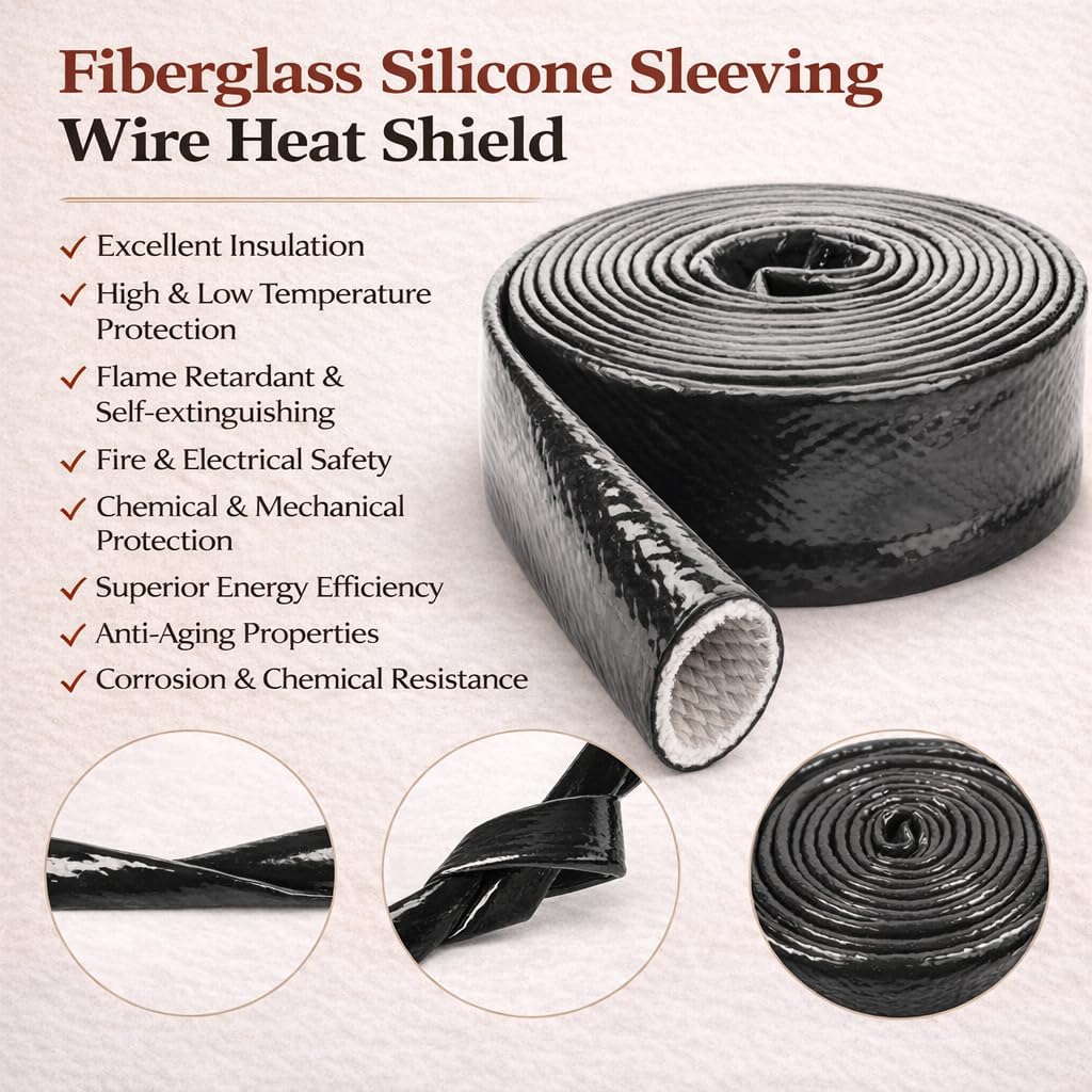 Fire Thermo Armor 3/4" ID Fire Sleeve, 5FT Heat Shielded Silicone Coated Fiberglass Sleeve, Heat Protection w/ 3 Clamps for Automotive Hose Lines & Electrical Wiring (Black)