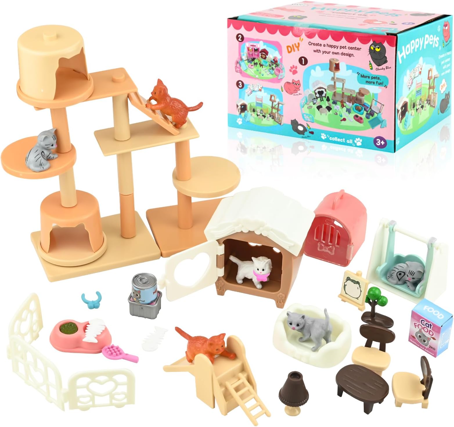 TW1TGOFT Cat Pet Pretend Toy, Mini Cat Doll Toy, Kids Play House Educational Toy, Realistic Pet Paradise with Cat Doll/Furniture/Toys, Cute & Fun, Pet Care Toys Gifts for Age 3+ Boys Girls