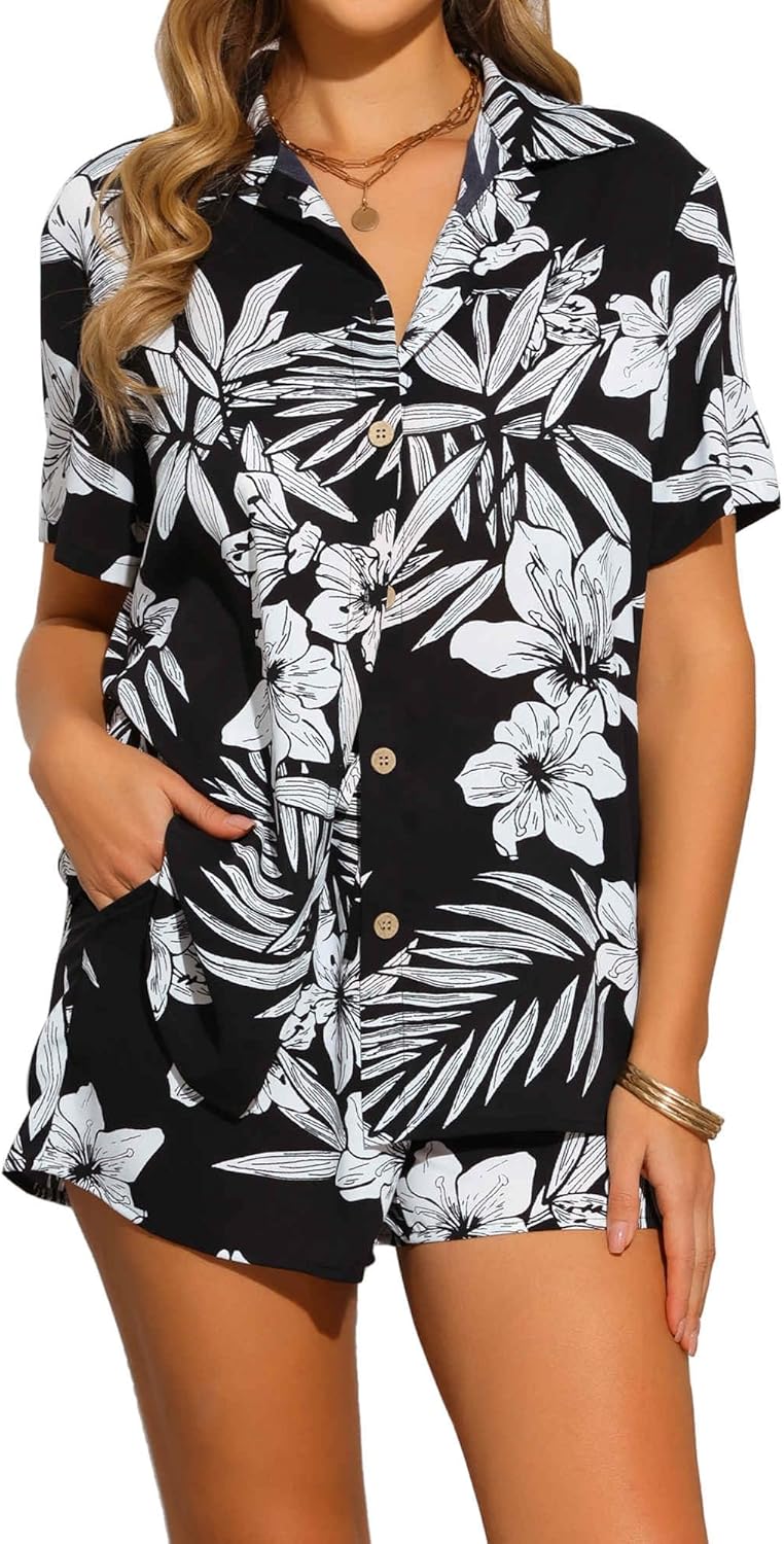 Allegra K Hawaiian Outfits 2 Piece Sets for Women's Tropical Floral Button Down Shirt and Shorts Casual Beachwear Sets