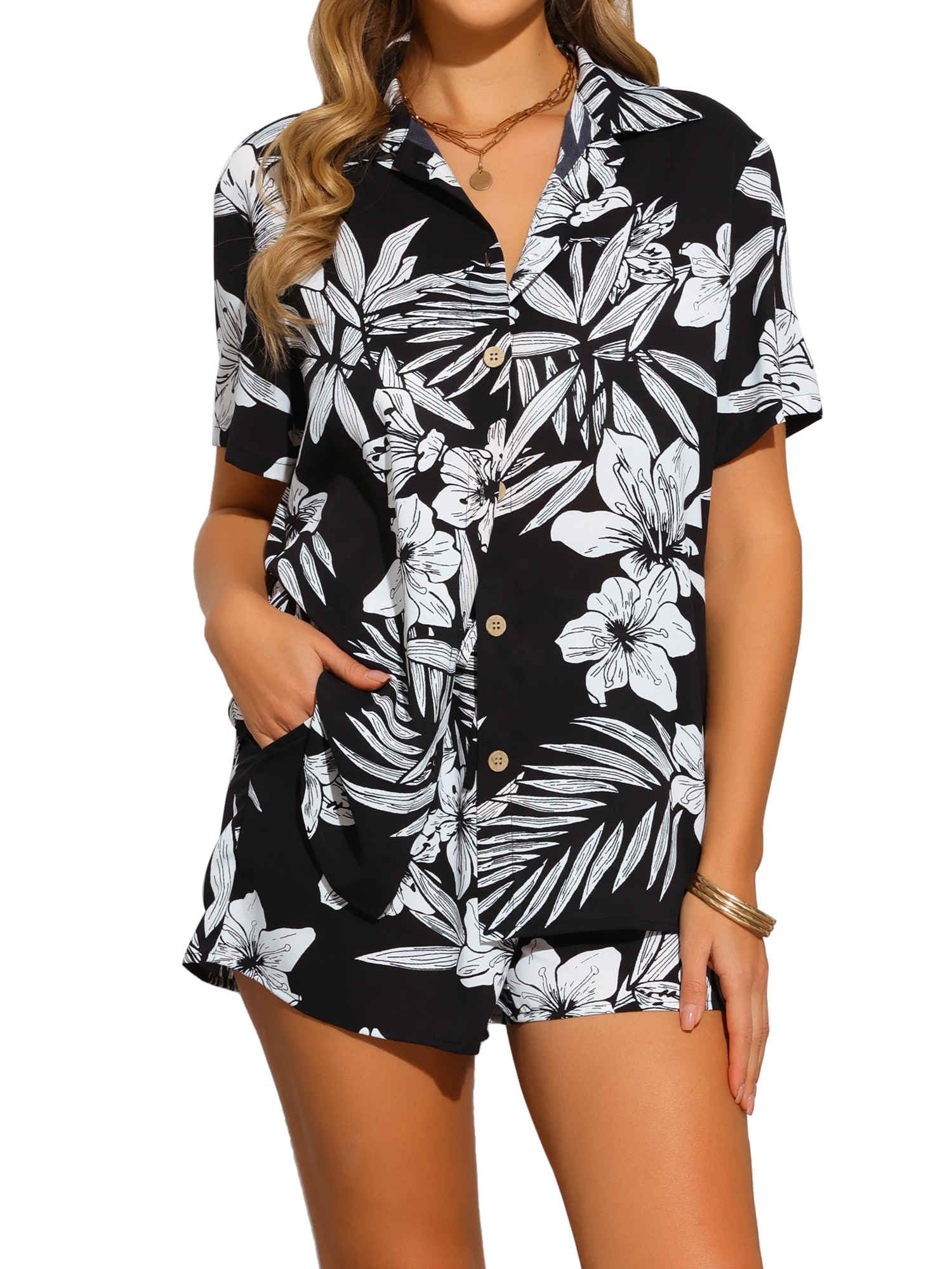 Allegra K Hawaiian Outfits 2 Piece Sets for Womens Tropical Floral Button Down Shirt and Shorts Casual Beachwear