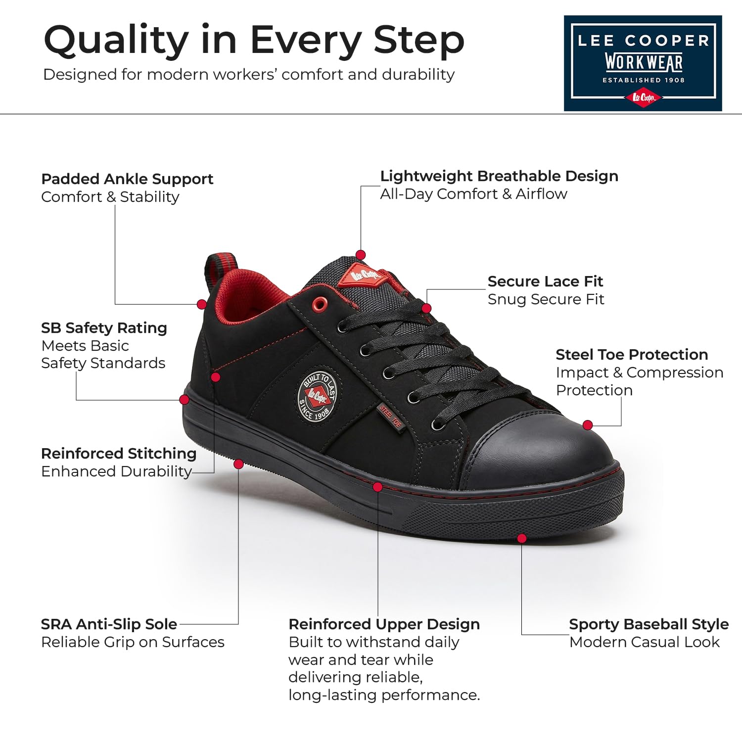 Lee Cooper ‎LCSHOE054 Unisexowe obuwie ochronne robocze SB/SRA w stylu retro baseball nowoczesny design buty robocze BHP, Czarny, 42 EU