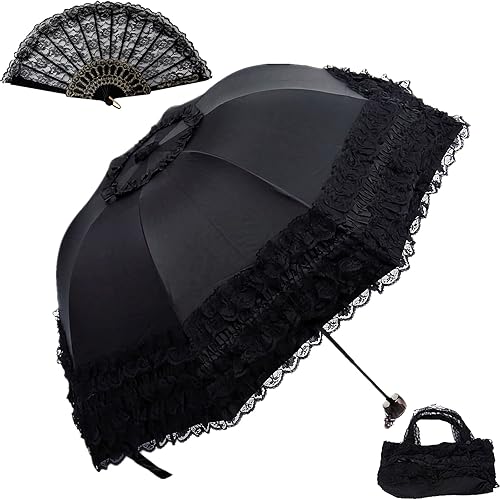 URAWESO Sombrilla vintage de encaje gótico Lolita paraguas para caminar, protección solar UV, decoración de boda, cosplay, sesión de fotos
