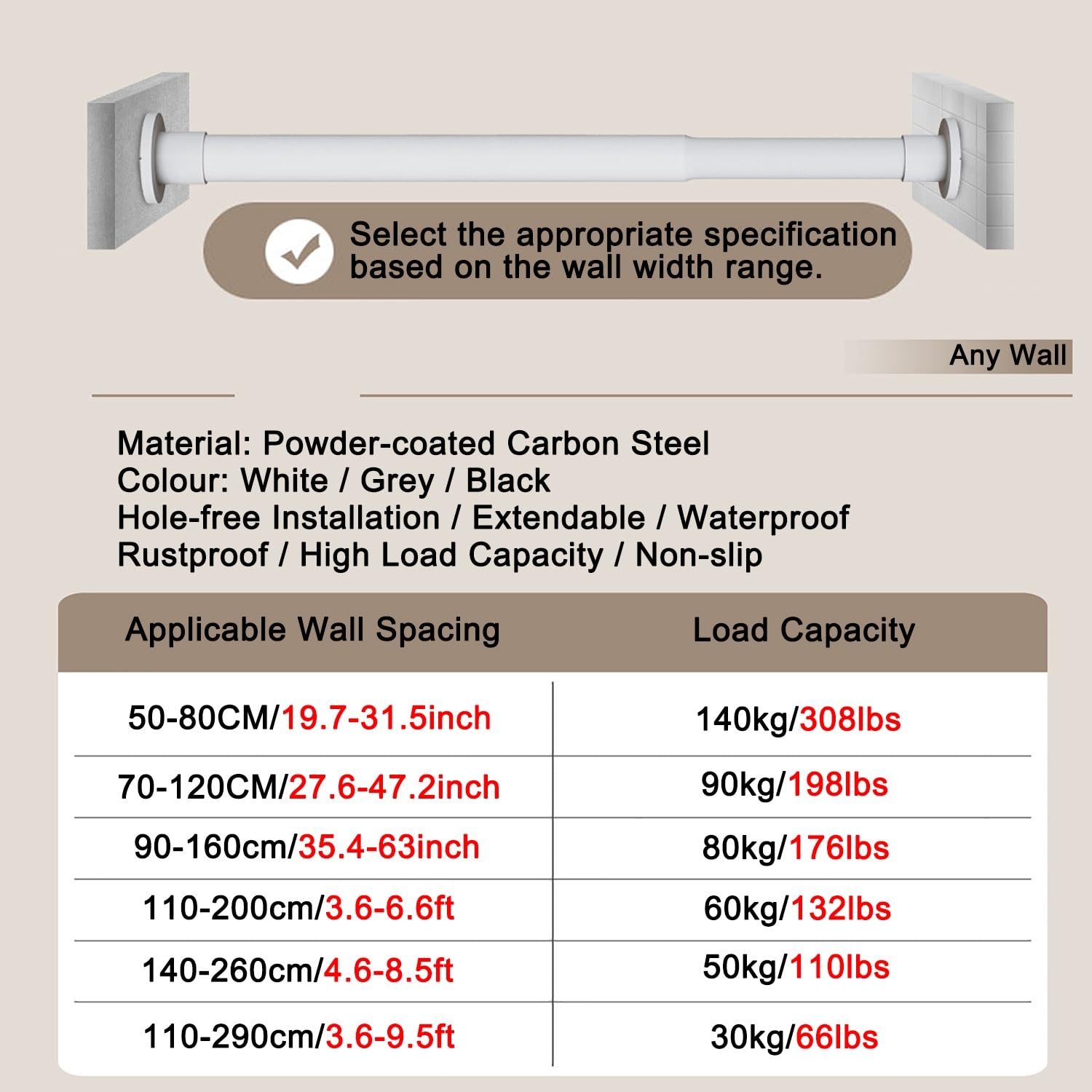 Barra telescópica ajustable para armario sin taladro, acero al carbono con recubrimiento en polvo, diseño antideslizante, 70-120 cm, disponible en negro, gris y blanco.