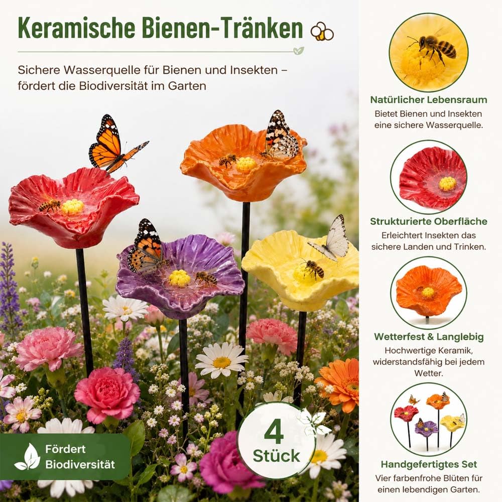 Generisch Bienentränke Keramik,Handgemachte BienenblüTen Wetterfeste Keramik-TräNken, 4er-Set,4 KeramikblüTen FüR Bienen, FüR Garten, Hof, Terrasse (4PC)