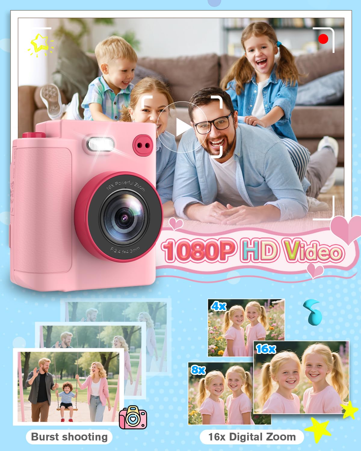 Sofortbildkamera Kinder, 1080P HD Kinderkamera Sofortbildkamera mit 32GB Karte & DruckerPapier, Kinderspielzeug Geburtstag und Weihnachten Geschenke für Jungen/Mädchen 3-12 Jahren (Rosa)