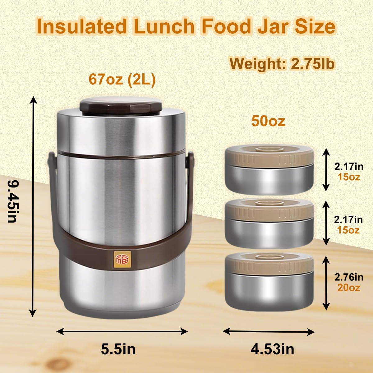 Vacuum Insulated Food Container Set with 3 Stackable Compartments - 67oz Adults Thermal Lunch Box, Leak-Proof Stainless Steel Wide Mouth Thermal Food Jar for Hot Food, Office & Outdoor