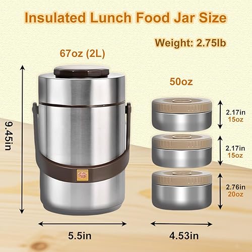 Miniatura 2 de Juego de recipientes de alimentos aislados al vacío con 3 compartimentos apilables, lonchera térmica para adultos de 67 onzas, a prueba de fugas, de