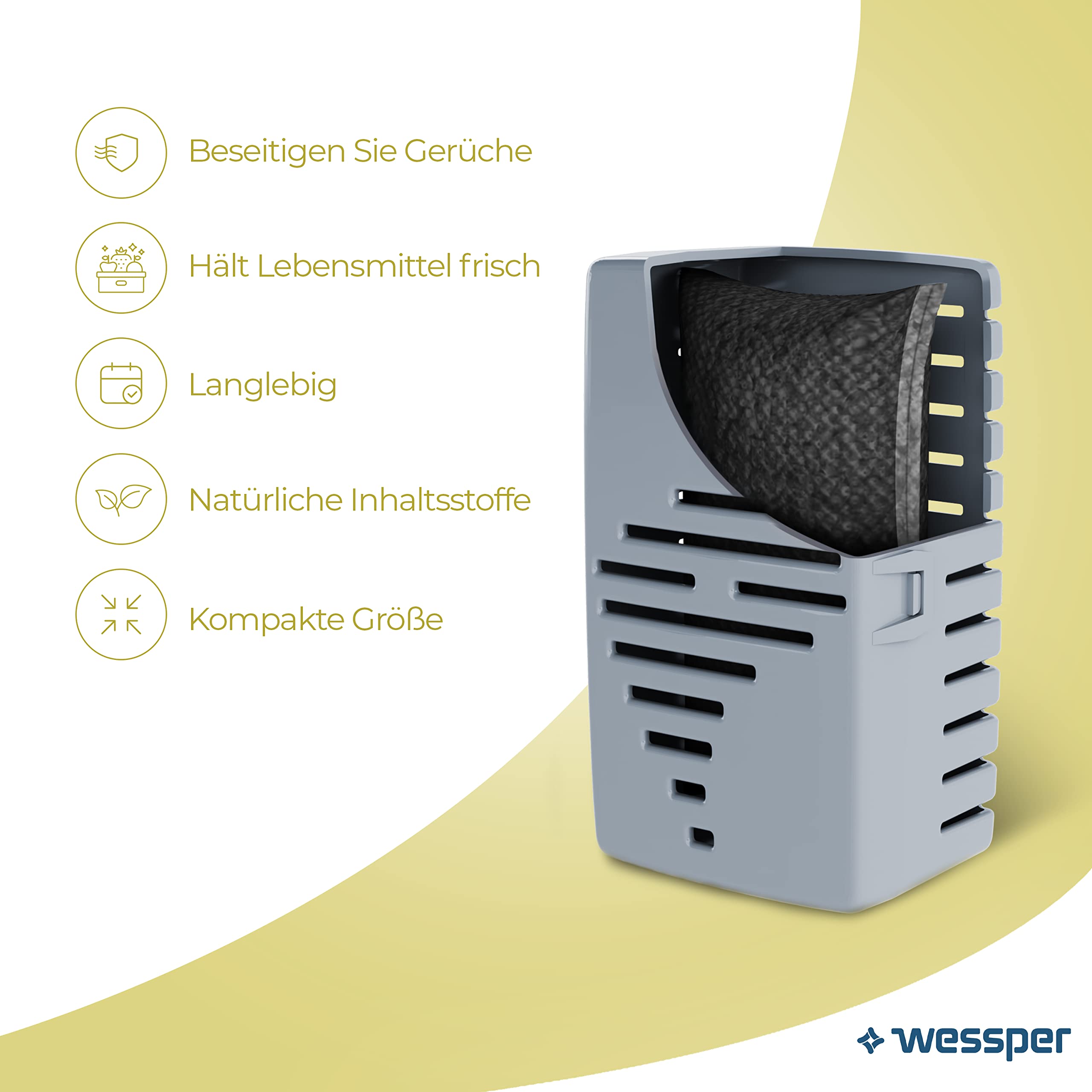 Wessper Fresh Fridge pochłaniacz zapachów do lodówki z wymiennym wkładem, neutralizuje niepożądane zapachy, z węglem aktywnym, bardzo wydajny, 6 miesięcy użytkowania, 4 opakowania uzupełniające | Lodówka eliminująca zapachy, z wymiennym wkładem z węglem a