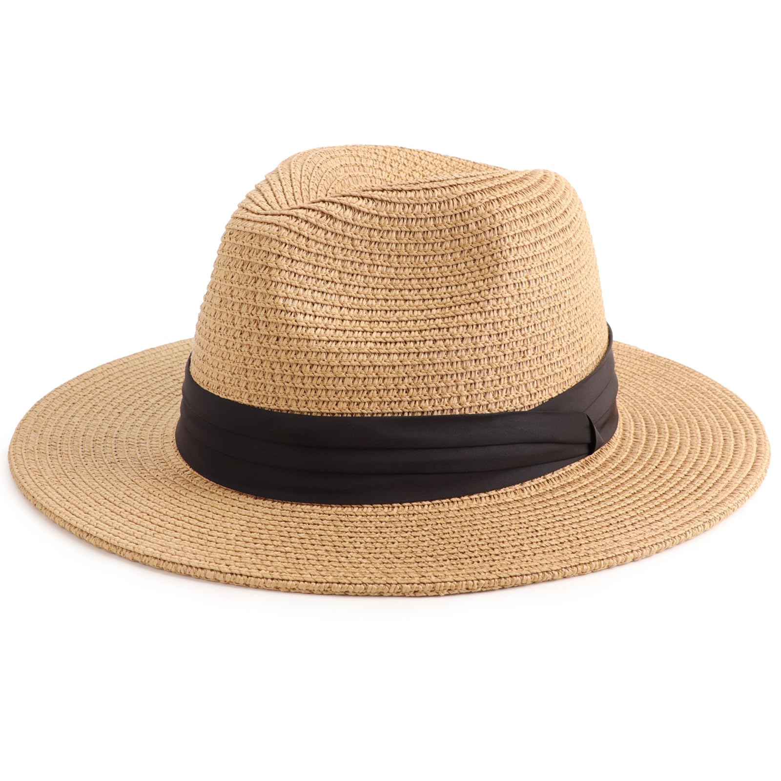 Dreshow Women's Khaki Straw Panama Hat Fedora Beach Sun Hat Wide Brim Straw Roll Up Hat Upf 50+