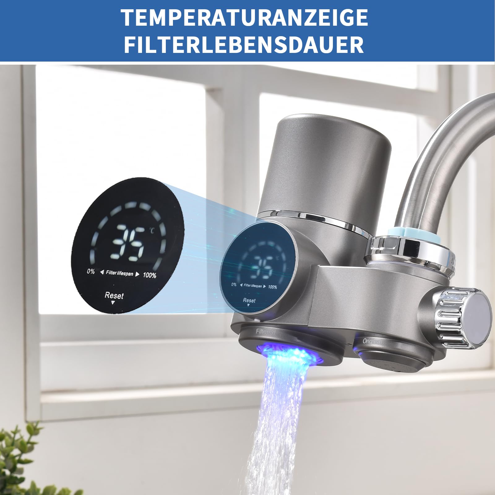 HOMELODY Wasserfilter Wasserhahn, Wasserfilter Trinkwasser mit LED Anzeige, entfernt Chlor, Schwermetalle und schlechten Geschmack, Wasserhahn Filter mit Blaulicht für Küche(Inkl. Filter*1) | entfernt Chlor,Schwermetalle und schlechten Geschmack,Wasserfil