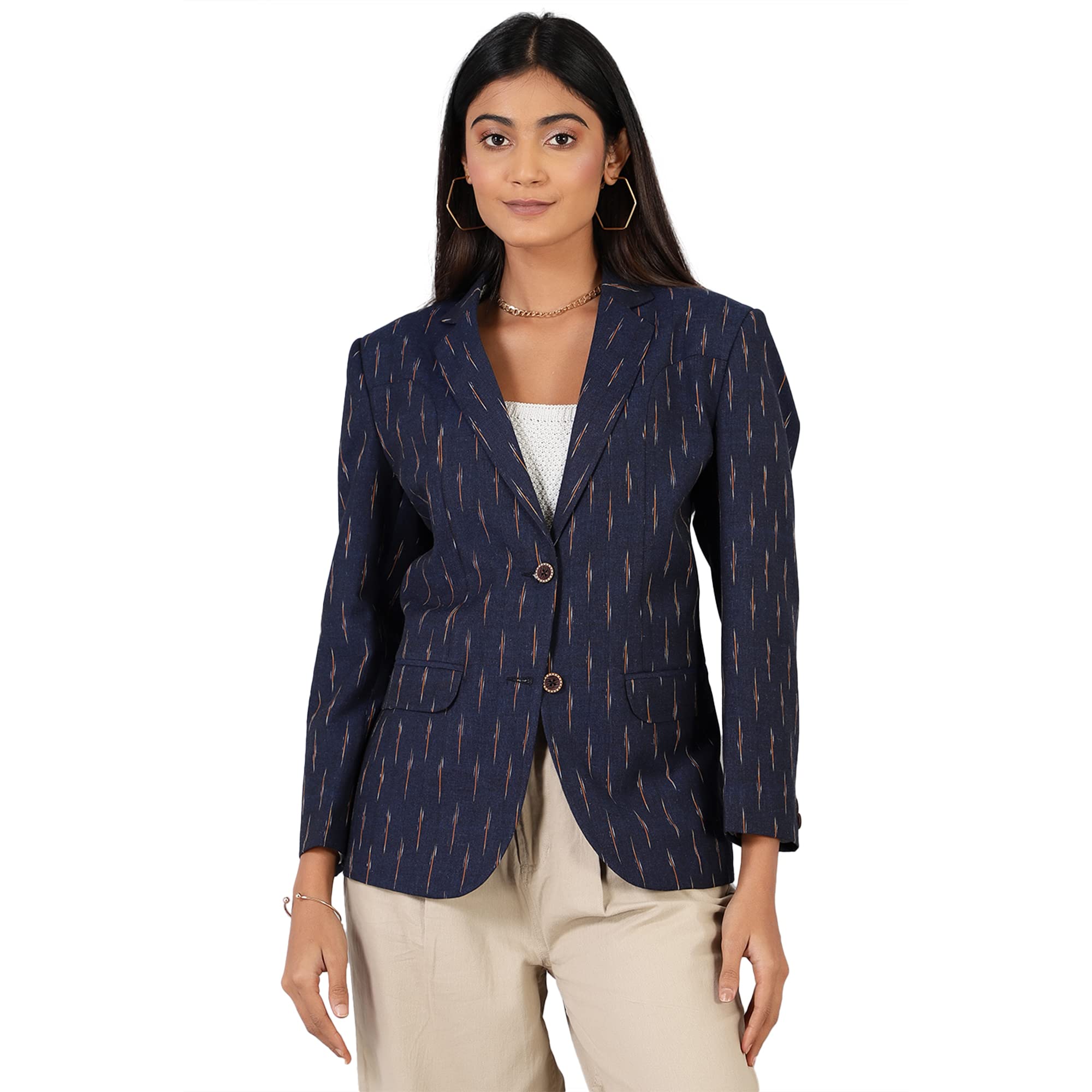 indophilia Women's Ikat Cotton Tie and Dye Single Breast Two-Button Blazer-picture-14