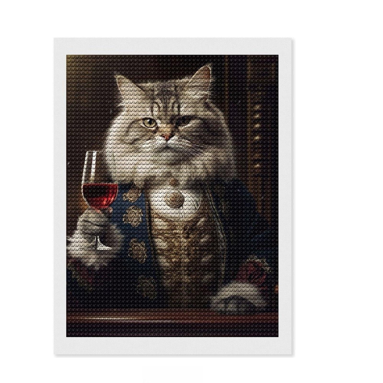 Junmoney Cat Aristrocat Champagne 5D Diamond Painting Kit 12"x16", Round Gems, Living Room Decor, Decorative Artwork, Vintage Style Decor