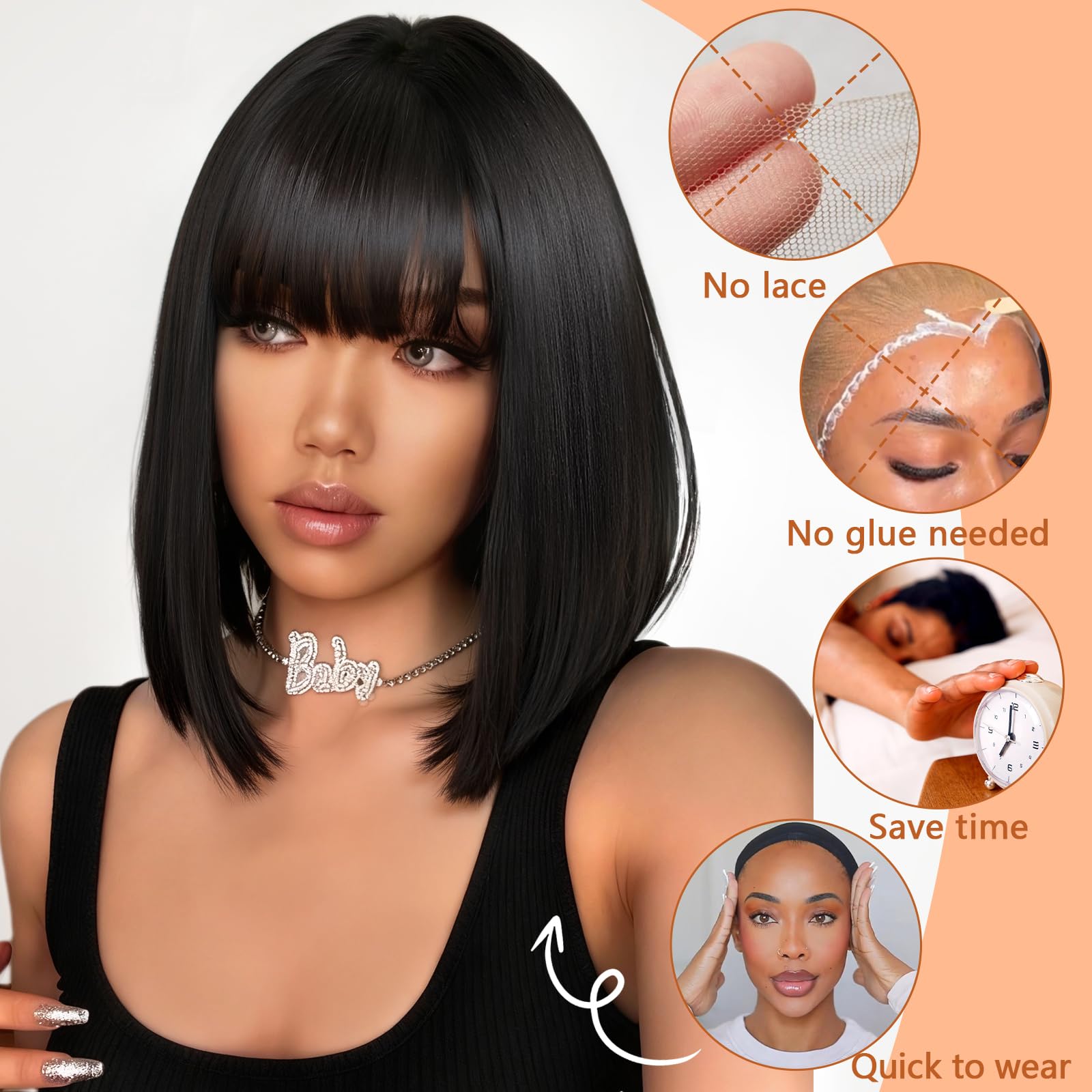 Human Hair Bob Wig with Bangs Glueless Black Straight Wig