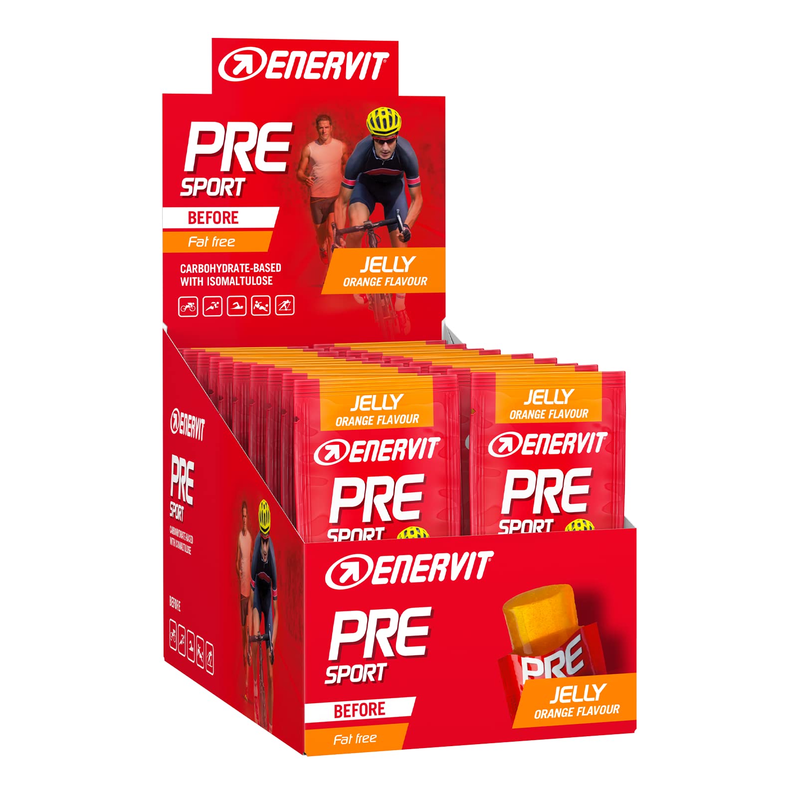 Enervit, Pre Sport Arancia, Gelatina Energetica, Formula Innovativa, 25g di Carboidrati, con Vitamina B1, Gusto Arancia, Da Usare Prima dell'Attività Fisica, Senza Glutine, VeganOk, 20 Pack da 45g