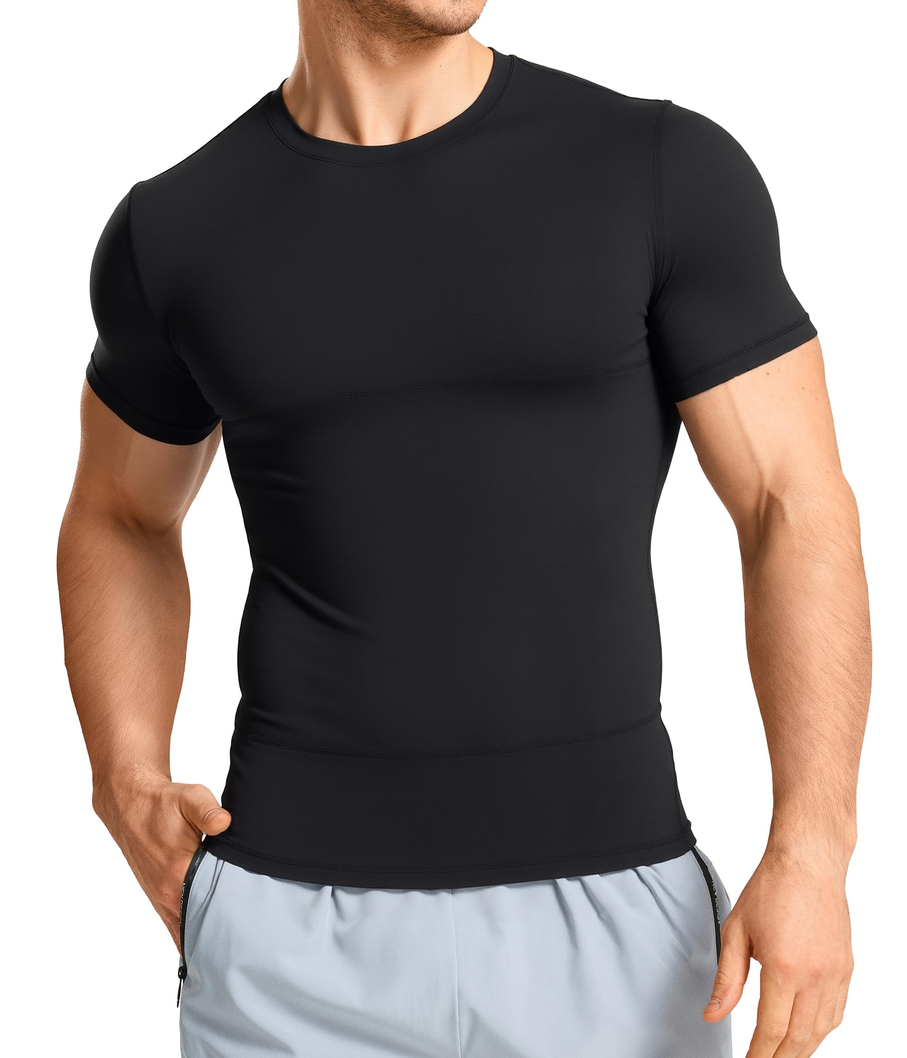 Nebility Kompressionsshirt Herren Kurzarm Compression Shirt mit Doppeltem Bauchpanel Shapewear für Männer mit Atmungsaktivem Kompression Bauchweg Tshirt Unterhemd für Training und Alltag