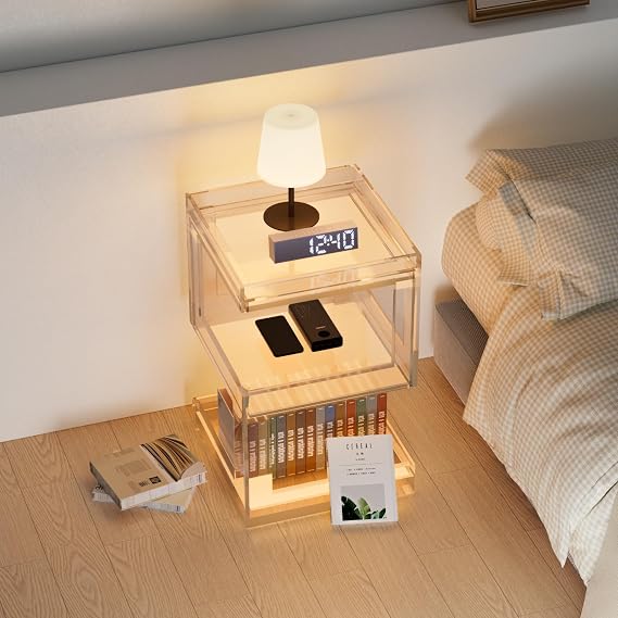 Acrylic Side Table Modern Side Table Clear Nightstand Assembly Required Storage Table for Living Room Bedroom