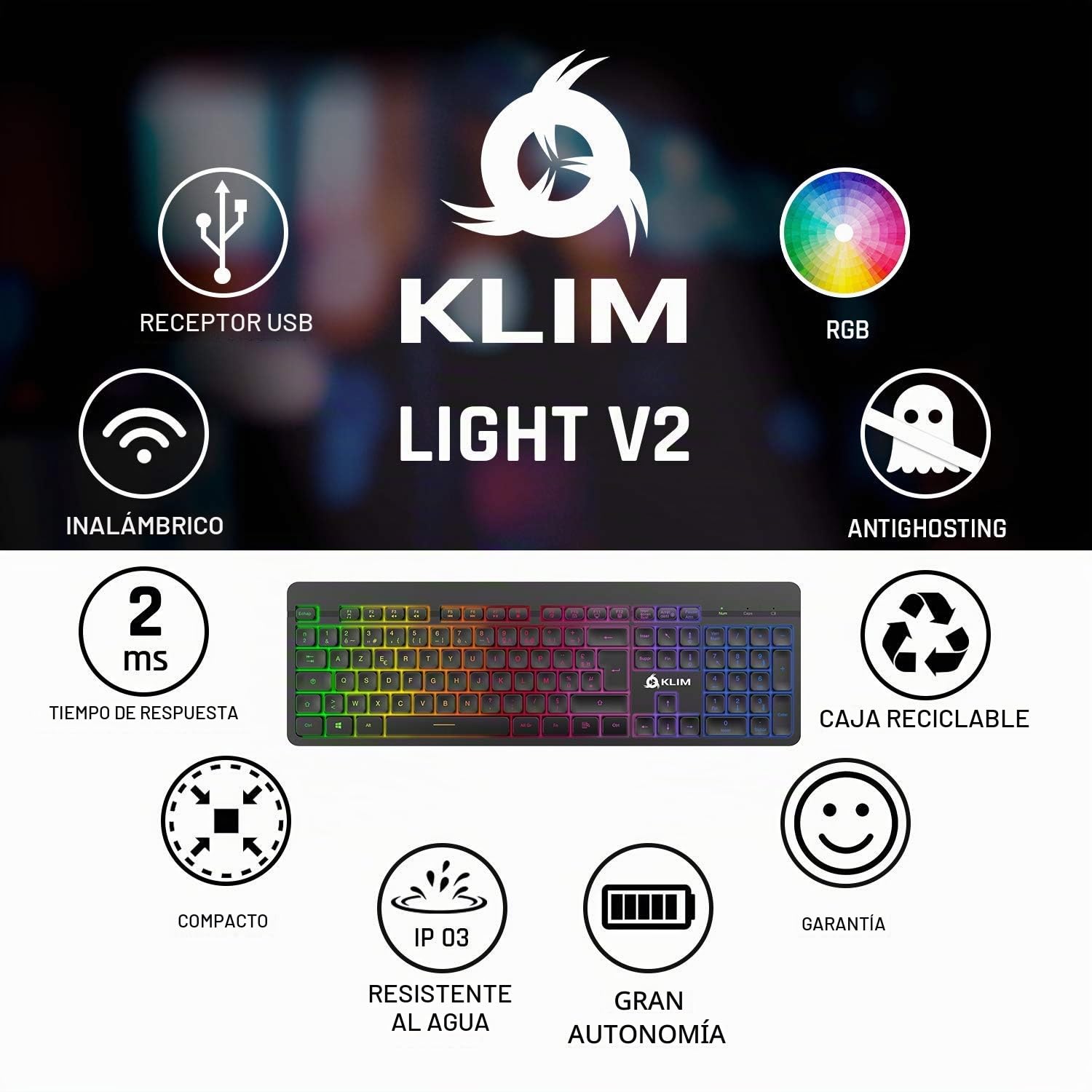 KLIM™ Light V2 Teclado Inalámbrico Gaming FR + Teclado Gaming Ligero, Duradero, Ergonómico, Silencioso + Batería de Larga duración + Teclado Gamer PC Mac PS4 Xbox One+ Nuevo Versión + Negro