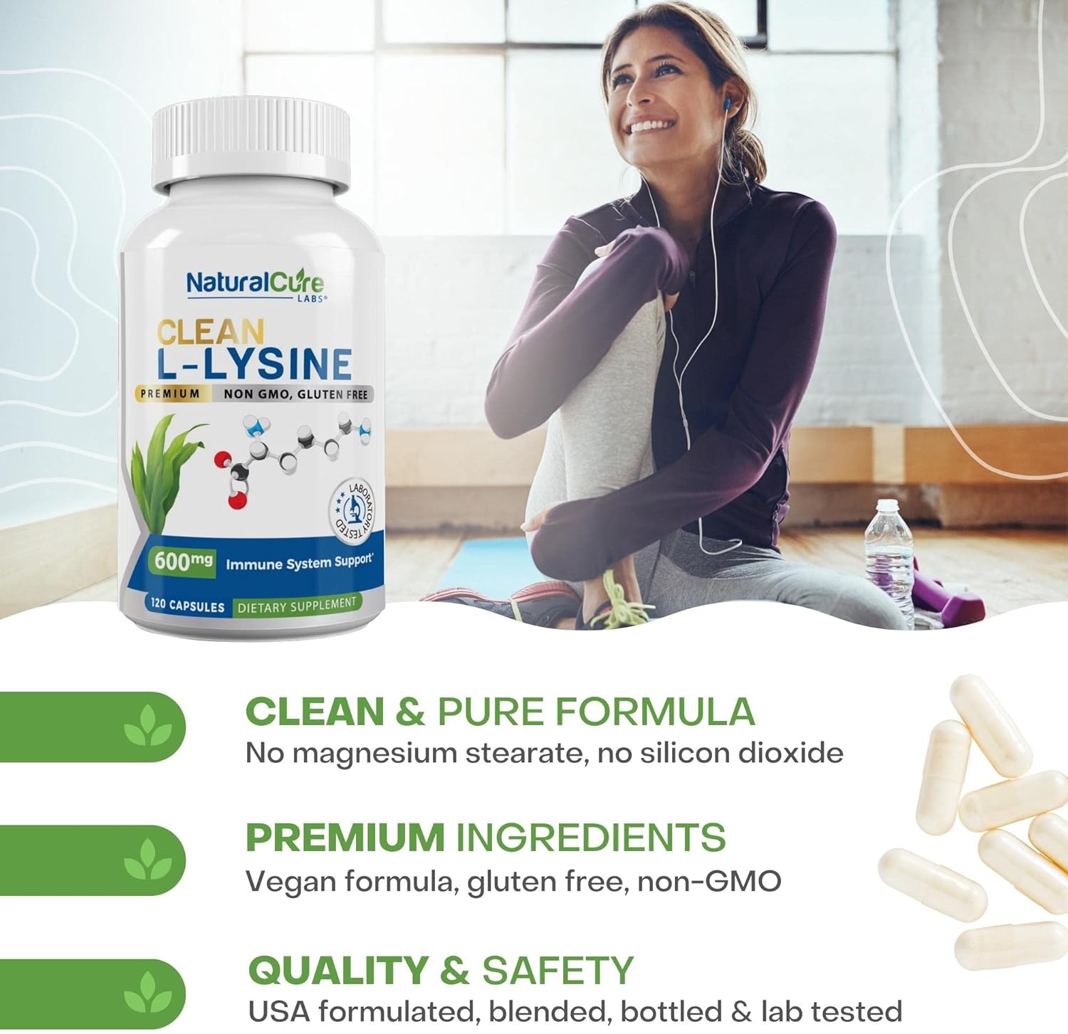 Natural Cure Labs Clean L-Lysine 600mg, 120 Capsules | Vegan, Non-GMO, & Gluten Free : Health & Household