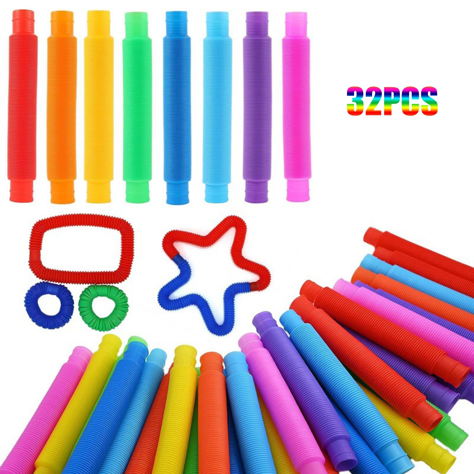 Paporich Pop Tubes, Fidget Tubes for Children and Adult Sensory Fidget Toy Set for Stress and Anxiety Relief Educational Learning Toys for Kids (Pake of 32)