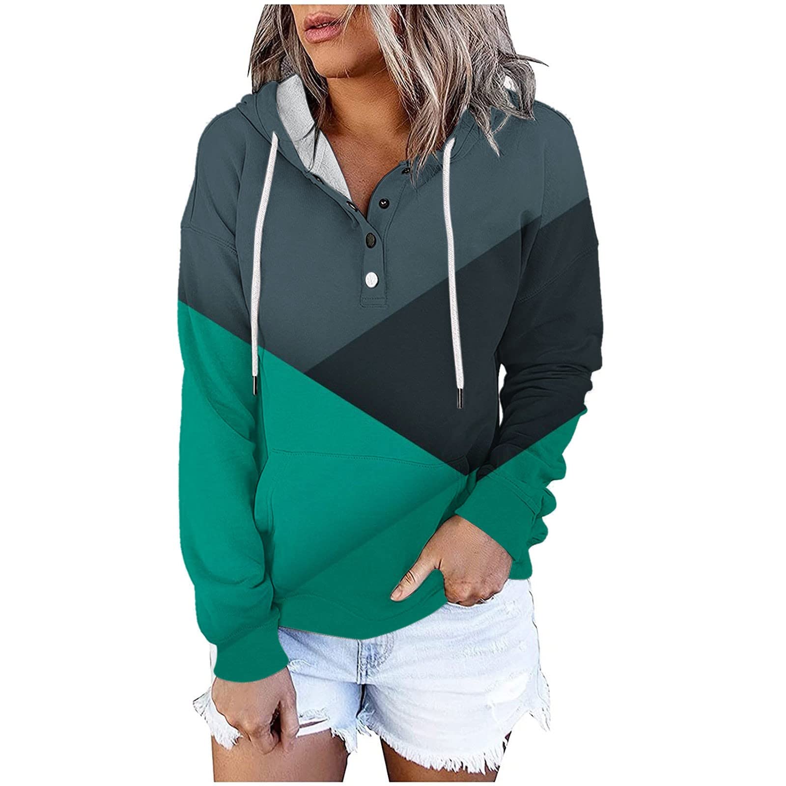 Womens Casual Print Long Sleeve Hoodie Pullover Button Hooded Sweatshirt Womens Long Sweatshirts (AC-Green, XL)