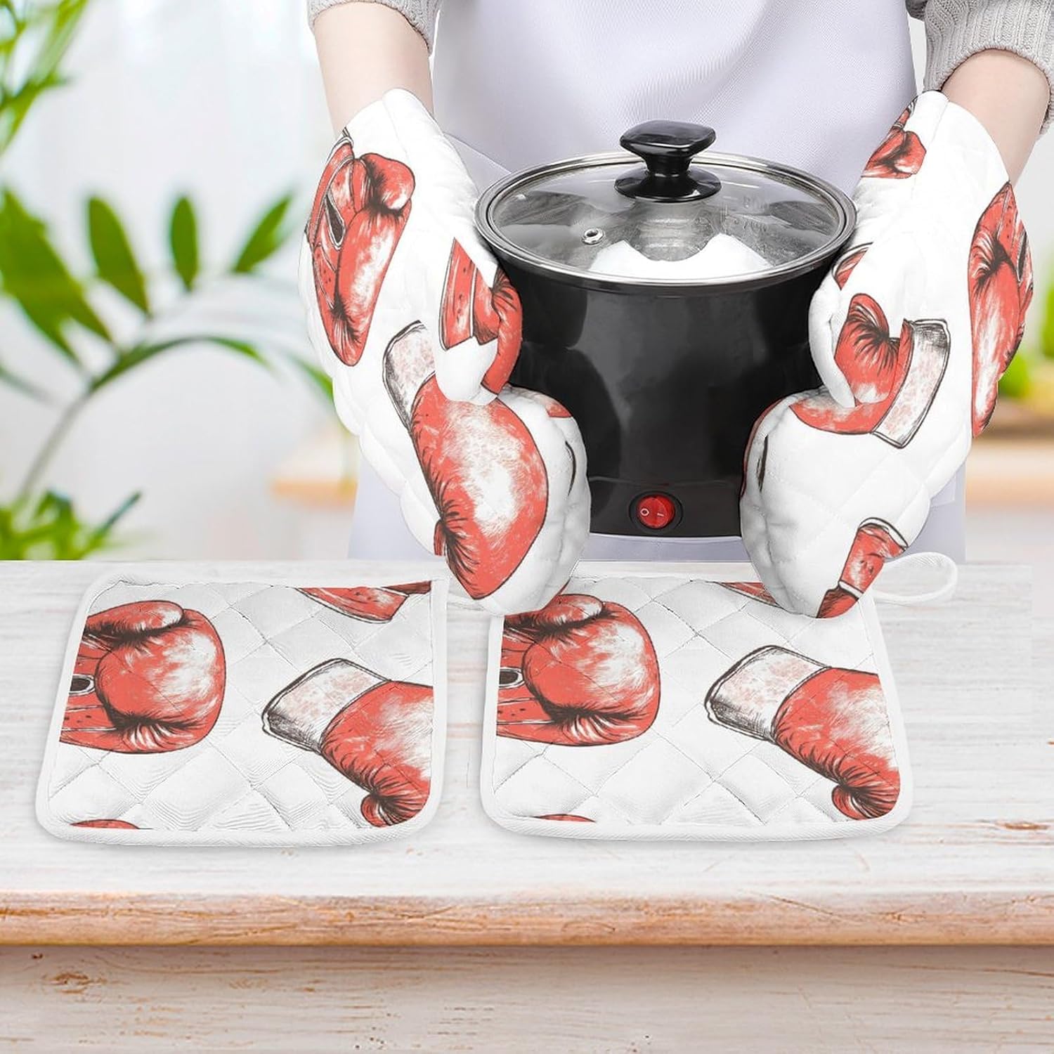 Boxer Boxing Gloves Oven Mitts and Pot Holders 4Pcs Set Heat Resistant Cooking Mitts Hot Pads