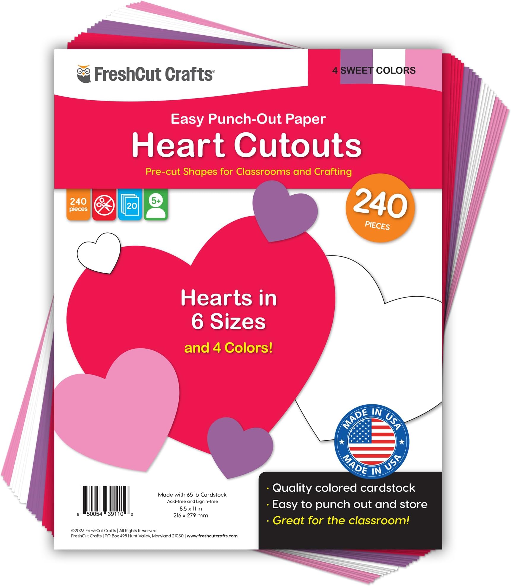 240 Pieces Heart Paper Cutouts, 2-Sided US Made Card Stock Punch Out Sweet Colored Hearts for Valentine’s Day Crafts, Bulletin Boards, Classroom Decor, and Posters