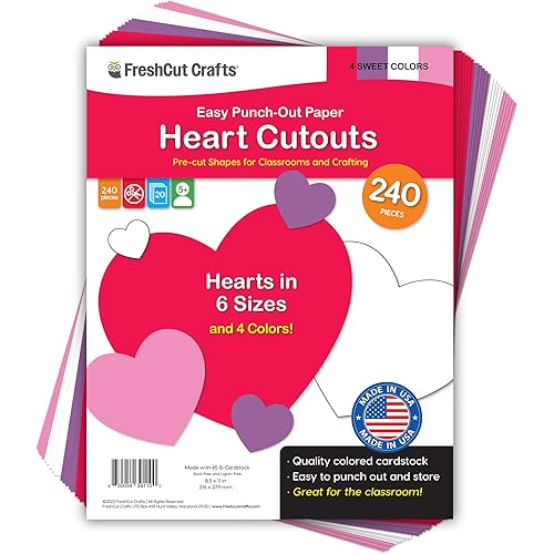 FreshCut Crafts 240 Pieces Heart Paper Cutouts, 2-Sided US Made Card Stock Punch Out Sweet Colored Hearts for Valentine’s Day Crafts, Bulletin Boards, Classroom Decor, and Posters 4 Sweet Colors