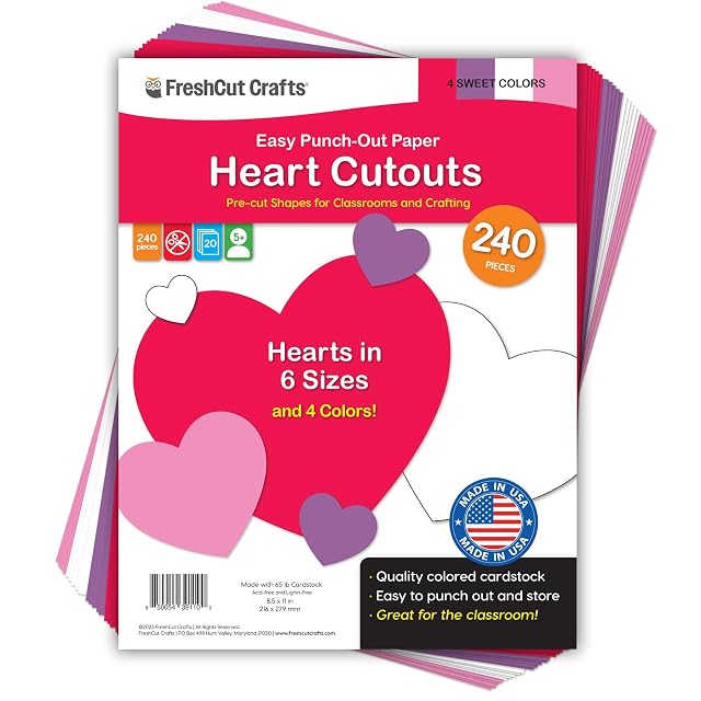 FreshCut Crafts 240 Pieces Heart Paper Cutouts 2-Sided US Made Card Stock Punch Out Sweet Colored Hearts for