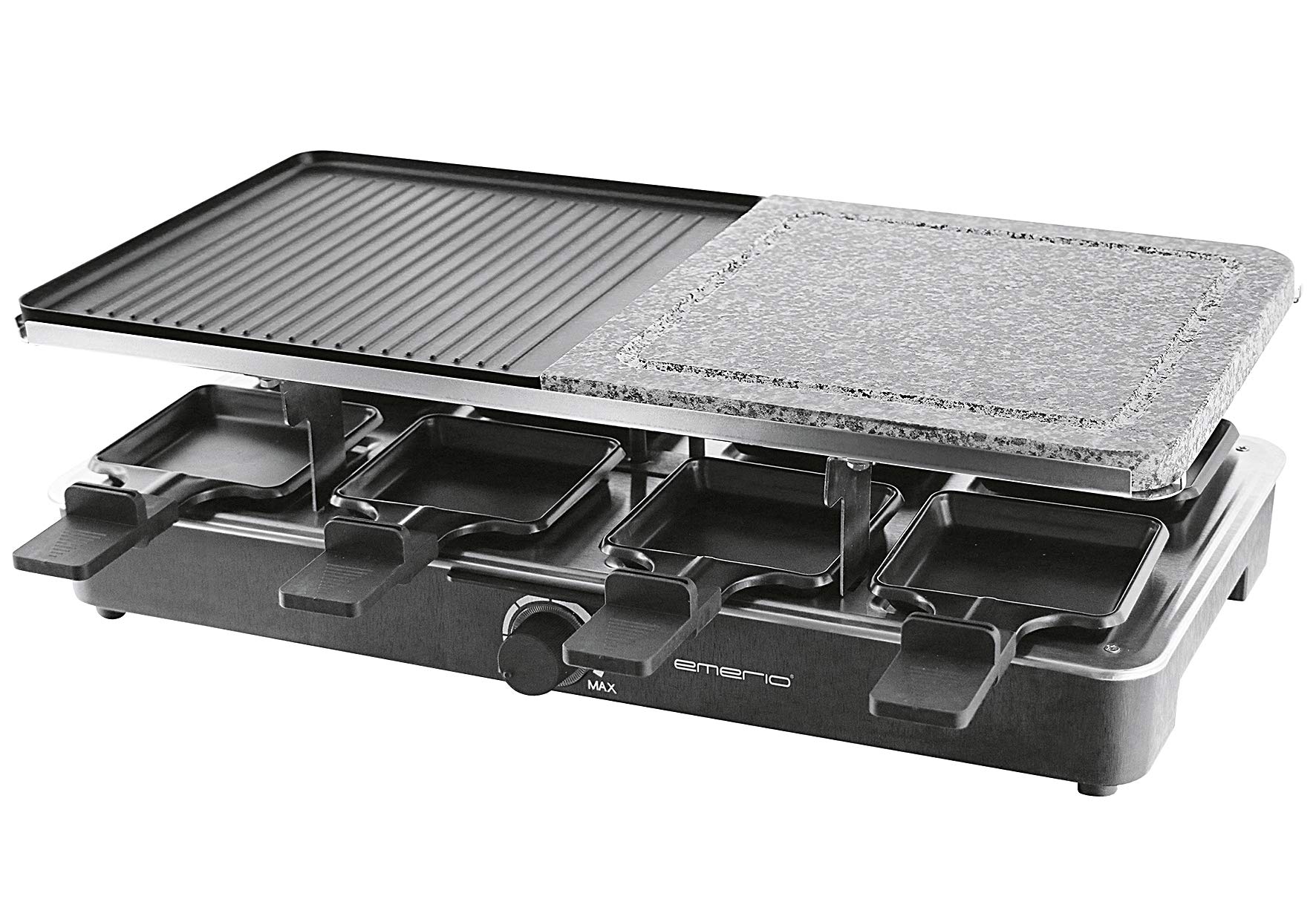 Emerio RG-110035 raclette, 8 osób, gorący kamień, regulowana temperatura, płyta z kamienia naturalnego, w zestawie z 8 patelniami, kamionka, czarna