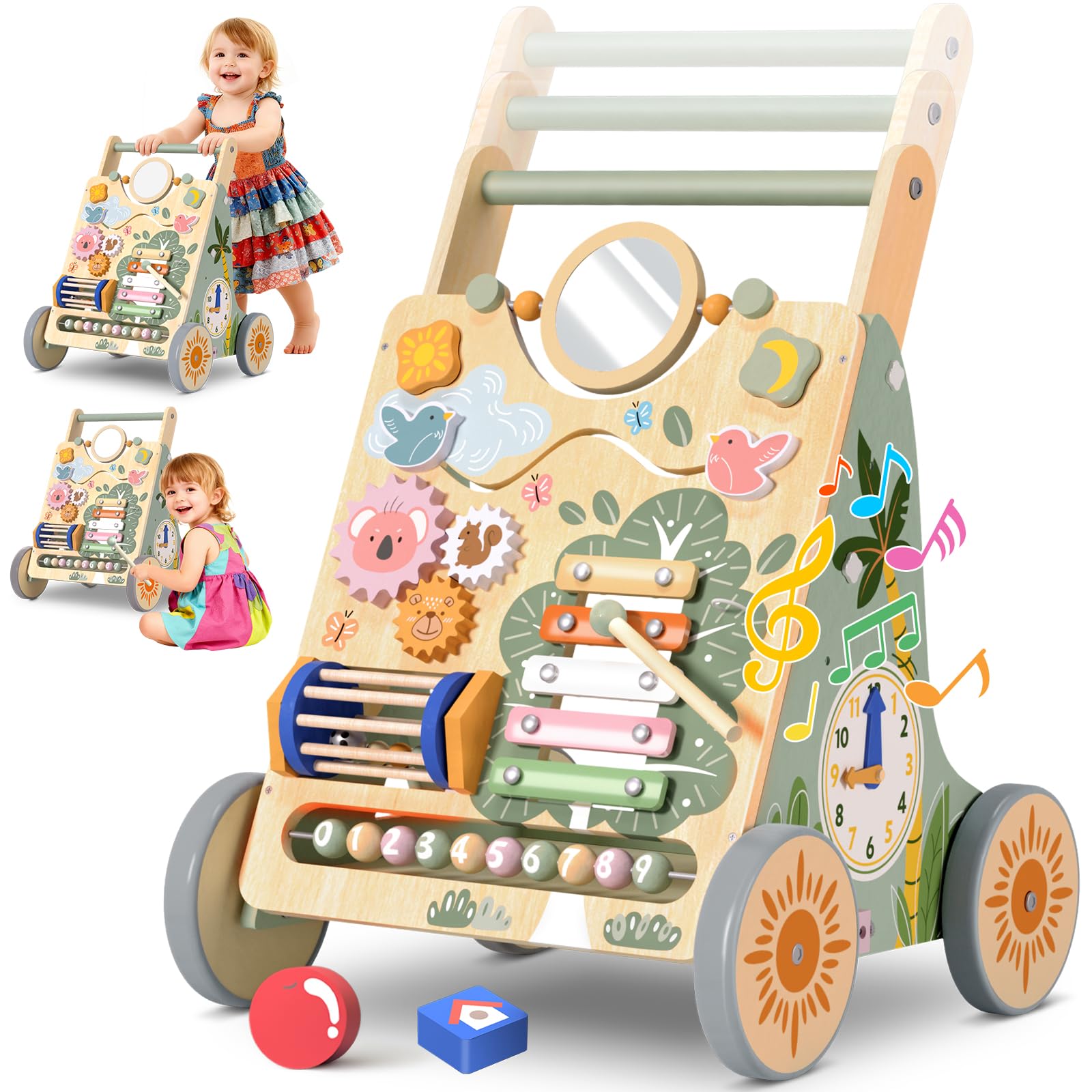 Baby Lauflernwagen Holz, Baby Lauflernhilfe Höhen- und Geschwindigkeitsverstellbar, Montessori Spielzeug ab 1 Jahr, Baby Walker für Jungen und Mädchen, Geschenk zu Weihnachten und Geburtstag