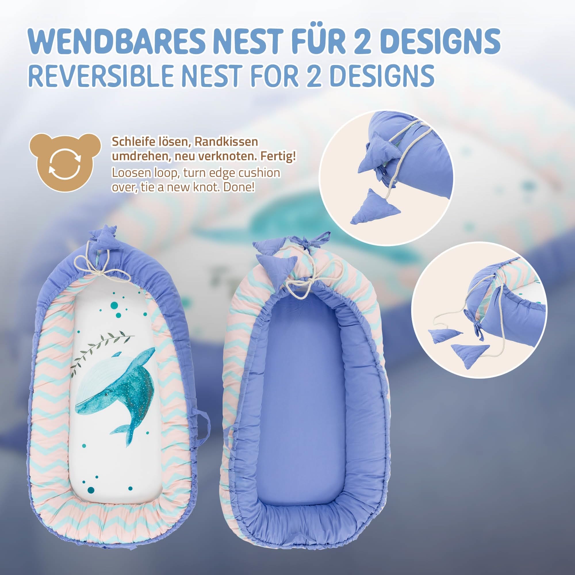 Joyz Nid de Bébé, Baleine-Minky Bleu Foncé, 90x50 cm, 100% Coton, Couverture Douillette, 2 Faces, Housse Amovible, Cocon Bébé Portable, Antiallergique, Lit de Bébé Nouveau-né, Nid Multifonction Voyage
