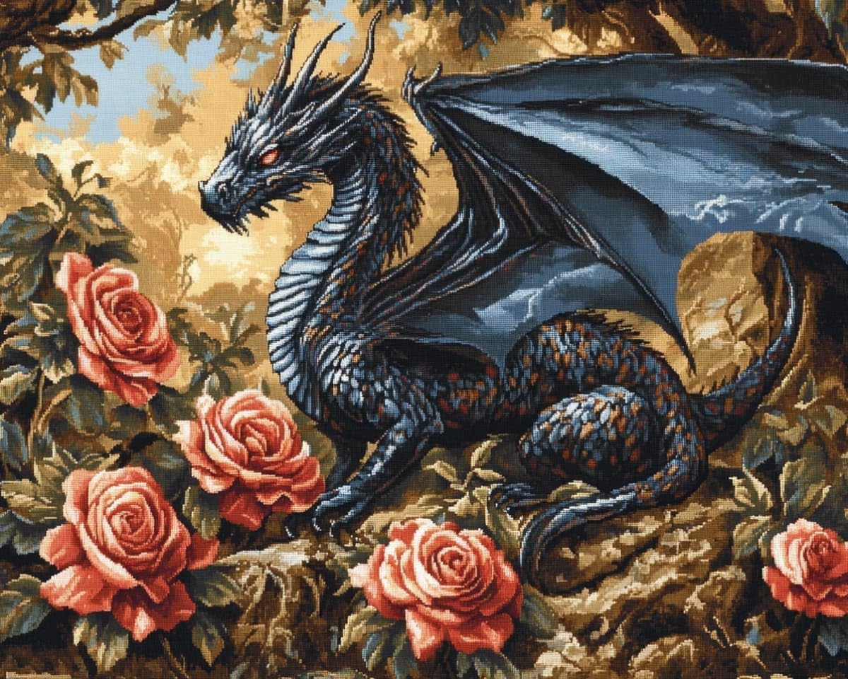 AxiangziK Cross Stitch Kits for Adults Beginners,Black Dragon and Flowers DIY Gift Embroidery Needlework Crafts Home Decor 12x16 inch Easy (11CT Pre-Printed)